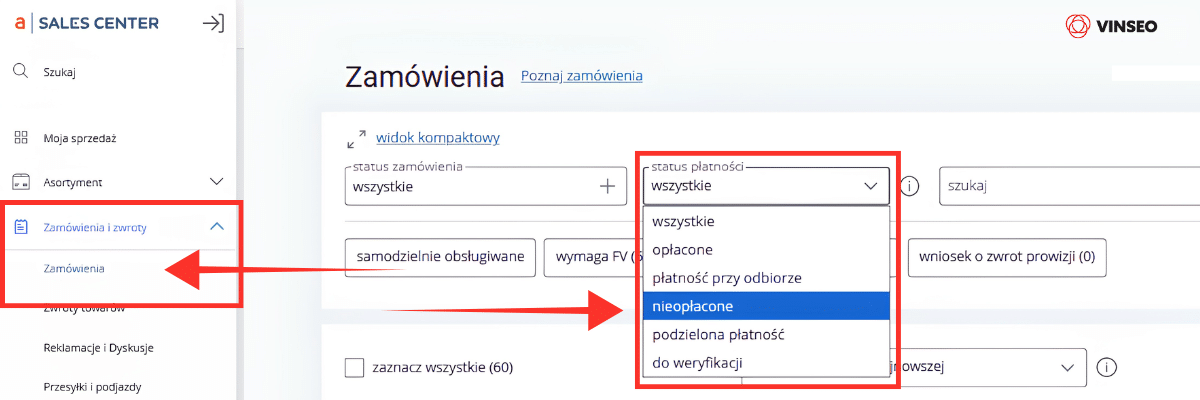Nieopłacone zamówienie - jak sprawdzić w Sales Center (1)