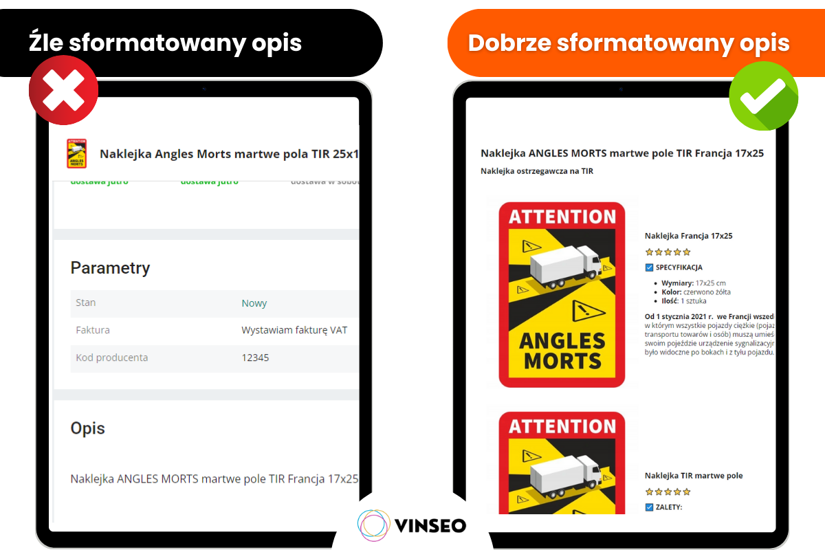 dobrze sformatowane opisy allegro i źle sformatowane opisy