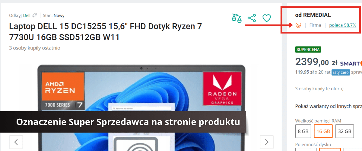 Oznaczenie Super Sprzedawca na stronie produktu