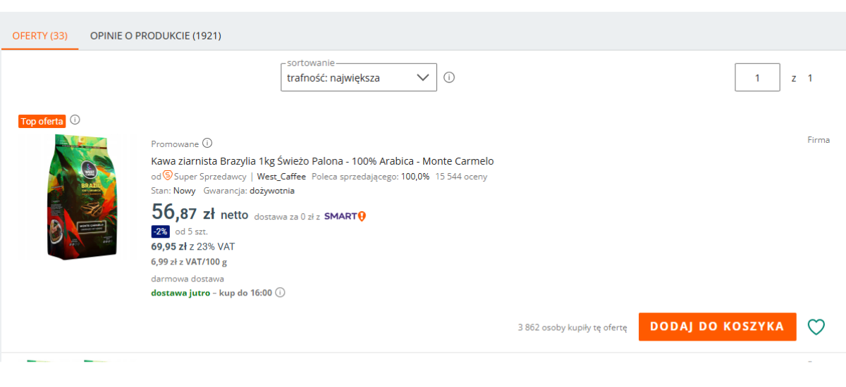 Oznaczenie Top oferta na listingu Allegro