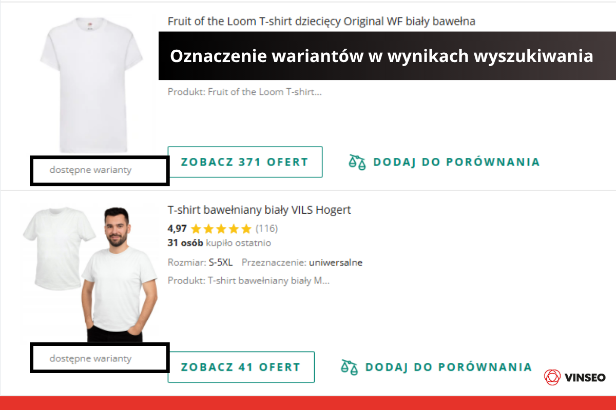 Oznaczenie wariantów w wynikach wyszukiwania