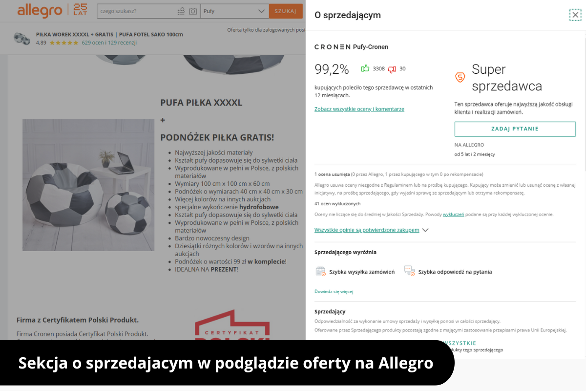 Sekcja o sprzedającym w podglądzie oferty na Allegro