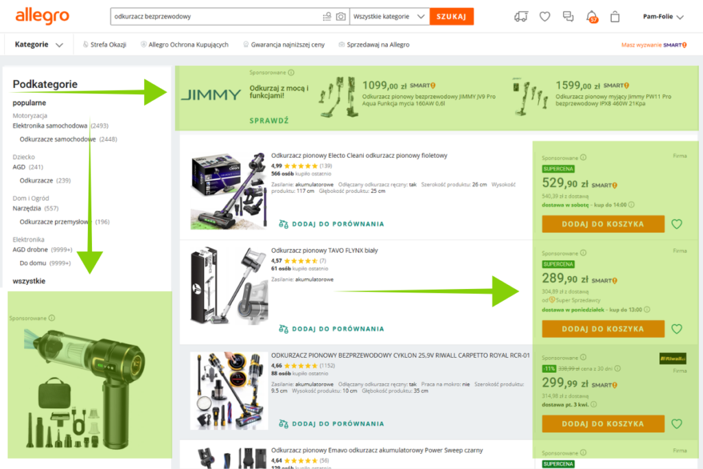 miejsca wyświetlania ofert sponsorowanych na Allegro