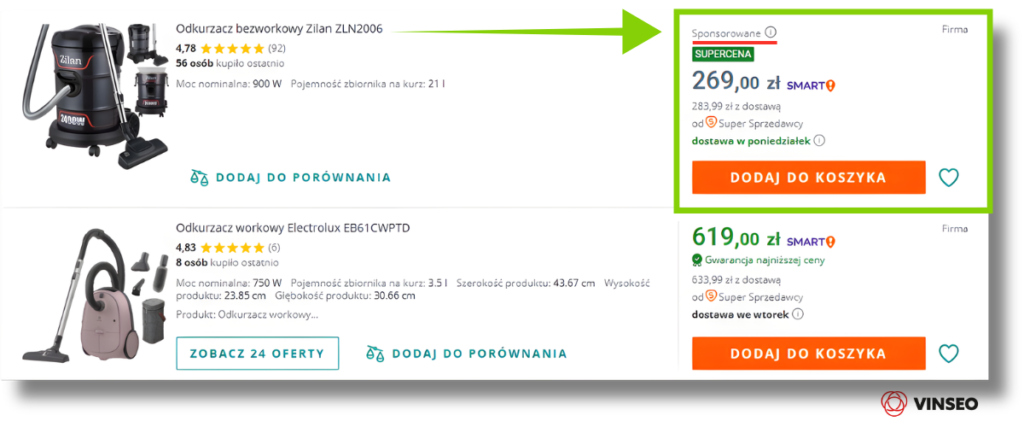oferty sponsorowane i zwykłe na Allegro