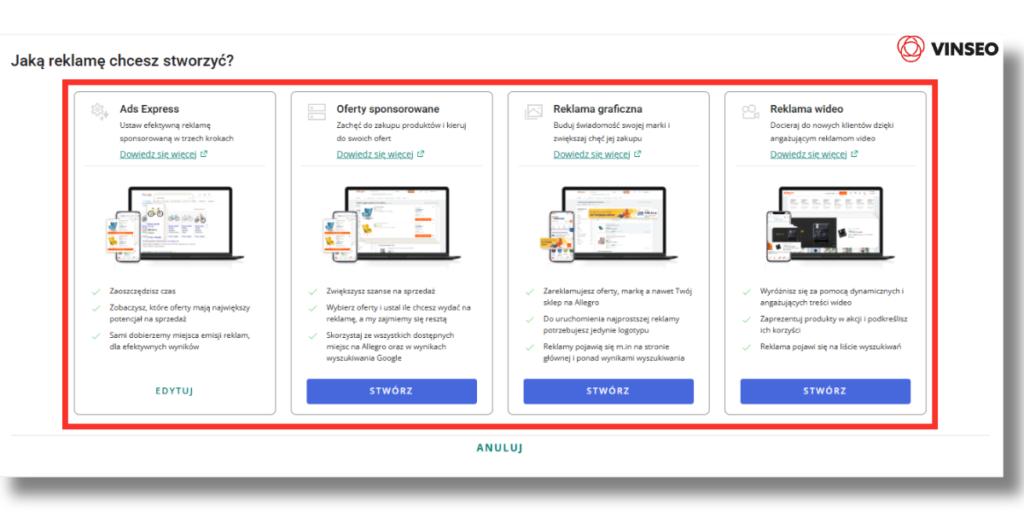 Typ kampanii Allegro Ads