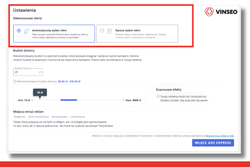 kampania reklamowa Allegro Ads Express ustawienia