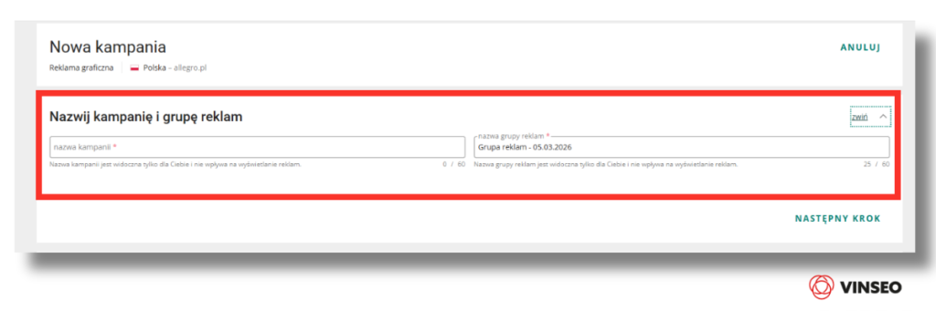 nazwa kampanii i grupy reklam na Allegro Ads