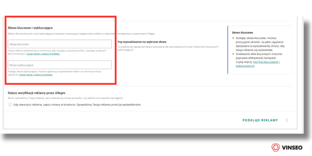 reklama szablonowa słowa kluczowe i wykluczające