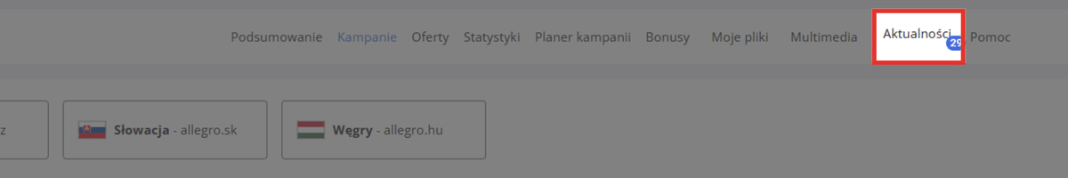 panel Allegro Ads zakładka aktualności