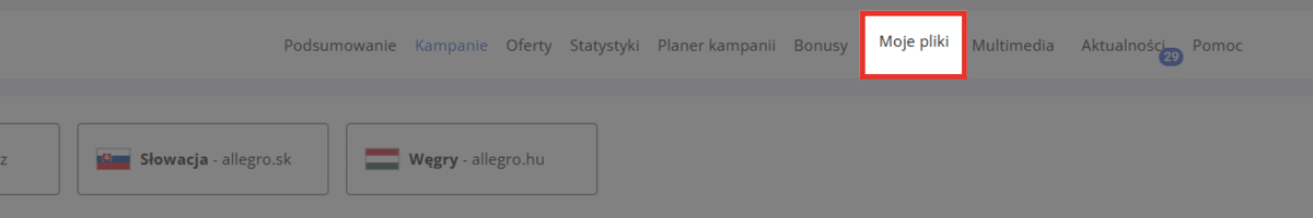 Zakładka Moje pliki panel allegro ads